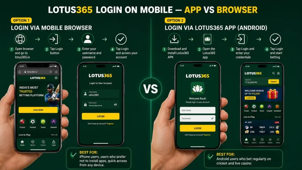 Lotus365 Login on Mobile — App vs Browser