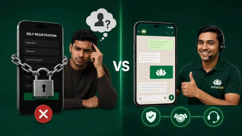 Visual comparison showing Lotus365 Register authorised account creation through WhatsApp support versus traditional self-registration forms with dedicated customer assistance.